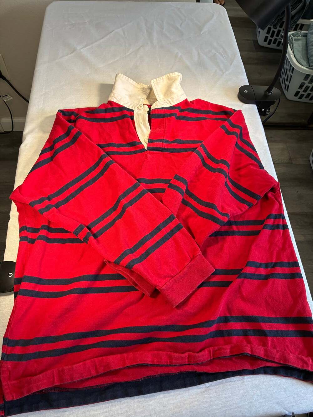 Vintage Haggar Red Navy Striped Rugby Shirt Size L 90s Long Sleeve Preppy
